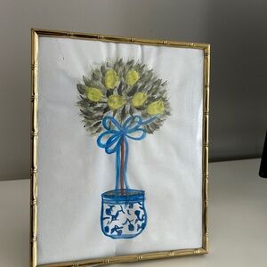 Framed Topiary Art with Blue Pot and Yellow Lemons